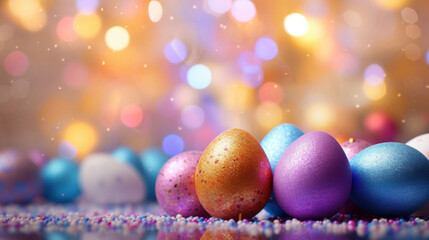 Fototapeta na wymiar A vivid array of sparkling Easter eggs in multiple colors scattered on a surface with a vibrant bokeh light effect in the background.