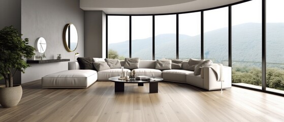 Gray living room interior with a wooden floor, large windows and a white sofa near a round coffee table. 3d rendering mock up