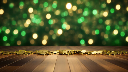 A collection of scattered gold coins lying on a wooden surface with a green bokeh light background, evoking wealth and luck. - obrazy, fototapety, plakaty