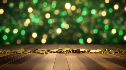 Foto op Plexiglas A collection of scattered gold coins lying on a wooden surface with a green bokeh light background, evoking wealth and luck. © tashechka