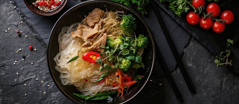 Traditional Asian meal, consisting of glass noodles with vegetables and meat, served in a black bowl on a dark slate table top, seen from above.