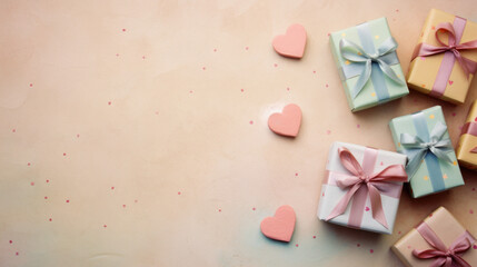 Fototapeta na wymiar Pastel-colored gift boxes with ribbons and heart-shaped confetti scattered on a beige surface, conveying a celebration of love.