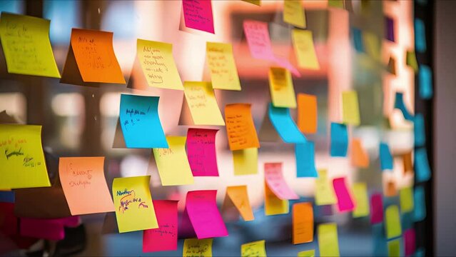 Closeup of a bulletin board with colorful sticky notes, each representing a different topic being discussed in the online fan community.
