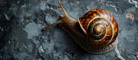 Cinnamoned snail on grey table, seen from above.