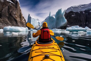 Kayaking in Glacier Lagoon, Patagonia, Argentina, Kayaking in Antarctica between icebergs with an inflatable kayak, an extreme adventure in the Antarctic Peninsula, AI Generated