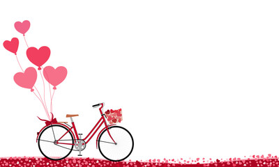 Red vintage bicycle with heart balloons on white background. Valentine's Day background. Vector Illustration.