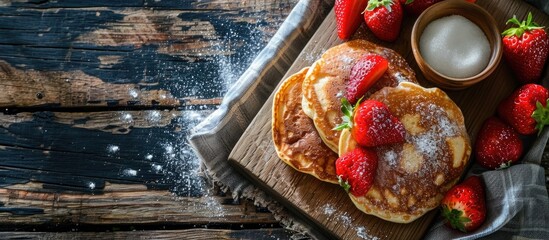 Three pancakes with strawberries, sugar, on wooden table with towel. - obrazy, fototapety, plakaty
