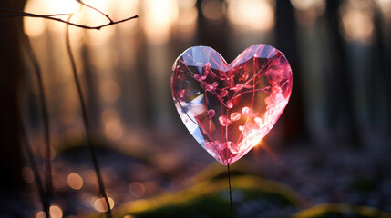 A transparent heart filled with delicate pink berries stands out in a forest, illuminated by the warm light of a setting sun.
