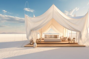 3d rendering of a beautiful white tent in the desert with blue sky, Light white and wood tent in the white desert, AI Generated