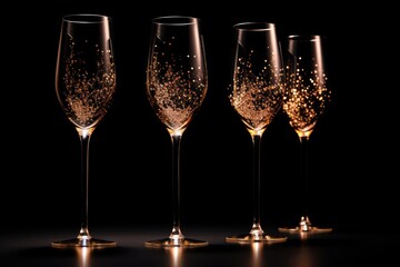 Three glasses of champagne on a black background with golden bokeh, Luxurious glasses with golden champagne on a dark background, AI Generated