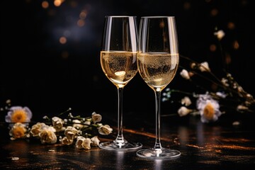 Two champagne glasses with golden sparkles on black background. New Year and Christmas concept, Luxurious glasses with golden champagne on a dark background, AI Generated