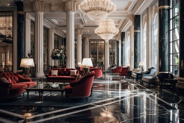 Luxury hotel lobby interior with red sofas and luxury furniture, Luxury interior of a hotel lobby,...