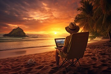 Woman working on laptop computer at tropical beach during sunset. Travel and vacation concept, Man lying on the sand of the beach with a laptop working at sunset over the ocean, AI Generated