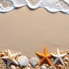 White posium above sea sand with starfish and seashells