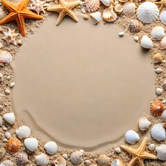 Obraz premium White posium above sea sand with starfish and seashells