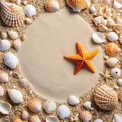 Fototapeta na wymiar White posium above sea sand with starfish and seashells