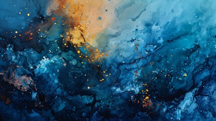 abstract blue orange color gold dots turbulent deep young descend acrylic tar standing maelstrom mirrors sapphire below stardust - obrazy, fototapety, plakaty