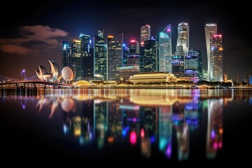 Fototapeta na wymiar Singapore skyline at night. Singapore is one of the world's most visited tourist sites, Marina Bay area at night, Singapore, AI Generated
