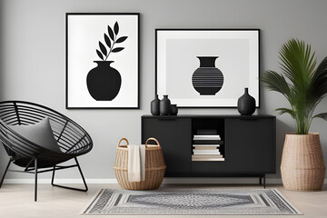 Modern scandinavian living room interior with black mock poster frame, commode design, leaves in vase, black rattan basket, books and elegant accessories