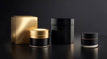 Mockup of luxury cosmetic products in black and gold, showcasing modern design. Ideal for premium beauty brands