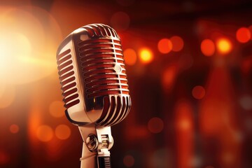 Fototapeta na wymiar Retro microphone on stage with bokeh background, close up, Microphone for singer music background with spotlighting, AI Generated