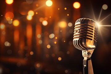 Retro microphone on stage with bokeh background. Music concept, Microphone for singer music background with spotlighting, AI Generated
