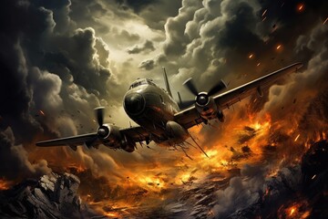Airplane in the rain. Conceptual image of a catastrophe, Military plane crashes in a storm, AI...