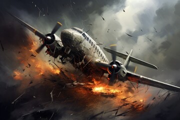 Airplane in the fire. 3d illustration. Fantasy image, Military plane crashes in a storm, AI Generated