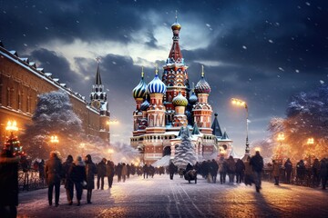 Obraz premium St. Basil's Cathedral on Red Square in Moscow, Russia, Moscow, Russia, Red Square, view of St, Basil's Cathedral in winter, AI Generated