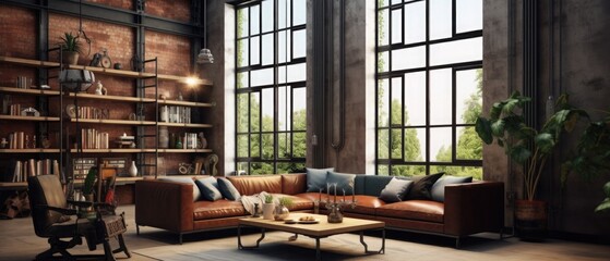 Fototapeta premium Living room interior in loft, industrial style, 3d render