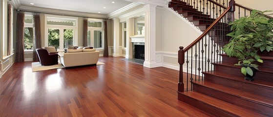 Living room in luxury home with cherry wood flooring