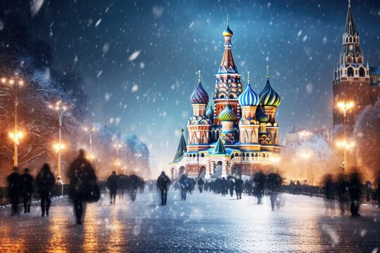 St. Basil's Cathedral and Christmas tree on Red Square in Moscow, Russia, Moscow, Russia, Red Square, view of St, Basil's Cathedral in winter, AI Generated