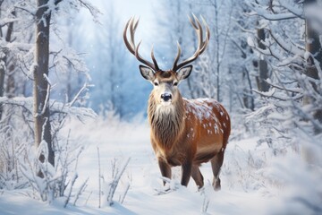 Naklejka na ściany i meble Majestic red deer stag in snowy winter forest. Majestic animal in natural habitat, Noble deer male in a winter snow forest, Artistic winter Christmas landscape, AI Generated