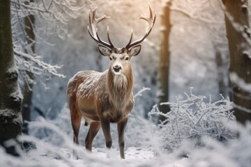 Fototapeta premium Beautiful red deer in winter forest. Animal in snowy forest, Noble deer male in a winter snow forest, Artistic winter Christmas landscape, AI Generated