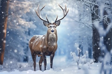 Naklejka na ściany i meble Beautiful red deer in winter forest. Majestic animal in snowy forest, Noble deer male in a winter snow forest, Artistic winter Christmas landscape, AI Generated