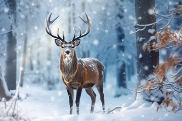 Naklejka na ściany i meble Beautiful deer in winter forest. Majestic animal in snowy forest, Noble deer male in a winter snow forest, Artistic winter Christmas landscape, AI Generated