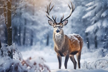 Naklejka na ściany i meble Majestic red deer stag in snowy winter forest. Wildlife scene, Noble deer male in a winter snow forest, Artistic winter Christmas landscape, AI Generated