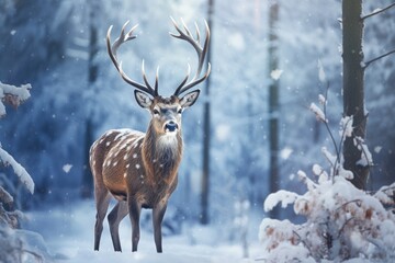 Naklejka na ściany i meble Beautiful deer in the winter forest. Wild animals in winter forest, Noble deer male in a winter snow forest, Artistic winter Christmas landscape, AI Generated