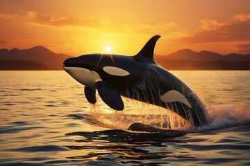 Fototapeta premium Beautiful killer whale in the sea at sunset. 3d render, Orca Killerwhale traveling on ocean water with the sunset, AI Generated