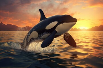 Fototapeta premium Orca killer whale in the sea at sunset. 3d render, Orca Killerwhale traveling on ocean water with the sunset, AI Generated