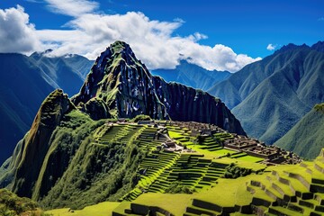 Machu Picchu is an Inca archaeological site in Peru, Overview of Machu Picchu, agriculture terraces, and Wayna Picchu peak in the background, AI Generated - obrazy, fototapety, plakaty