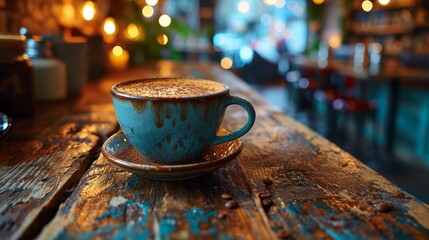 Rustic Coffee Cup on Wooden Cafe Table.
A vintage blue coffee cup on a weathered wooden table in a cozy café setting.