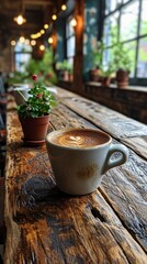 Inviting Café Coffee Moment.
Inviting coffee cup with latte art on a rustic table in a welcoming café setting.