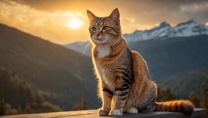  a cat sitting on top of a wooden table in front of a mountain range with the sun shining down on the tops of the mountains and the tops of the trees.