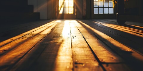 Strong early morning sun ray s coming thru windows on an old wooden empty floor - Generative ai 