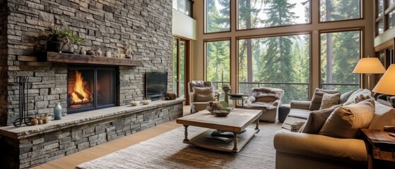 Fototapeta na wymiar Modern great room features a floor to ceiling stone fireplace, gray tufted sofa paired with two gray armchairs over fluffy rug. Northwest, USA