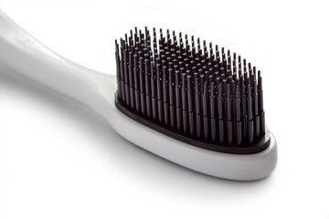 Silicone bristles of a toothbrush close-up. Modern toothbrush on white background.