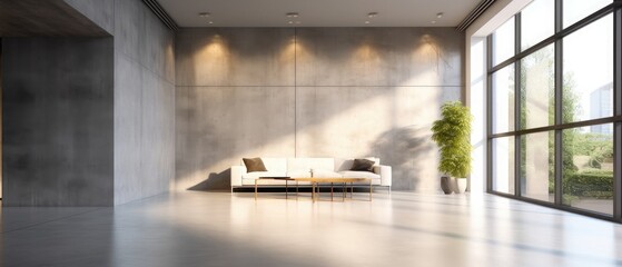 Modern interior design in an apartment, house, office, bright modern interior details and light from the window against the background of a concrete wall and floor with reflection. - obrazy, fototapety, plakaty