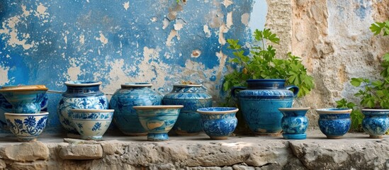 Blue pottery on Greek wall. - obrazy, fototapety, plakaty