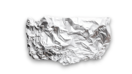 A rectangular, crinkled sheet of silver aluminum foil isolated on transparent background. 